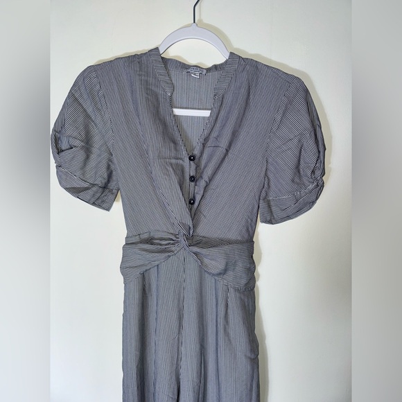 EUC Anthropologie Current Air That's A Wrap pinstrip jumpsuit SMALL‎ puff sleeve - Picture 2 of 11